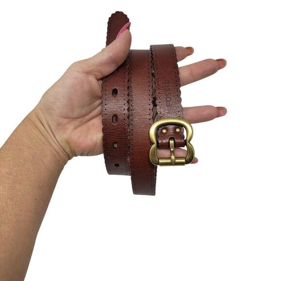 Vintage Fossil Womens Brown Leather Belt L Scalloped Perforated Brass Buckle - Picture 15 of 15